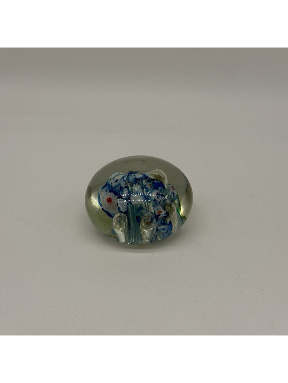 Vintage Art Glass Millefiori Style Paperweight Blue Scramble Air Trap Bubbles